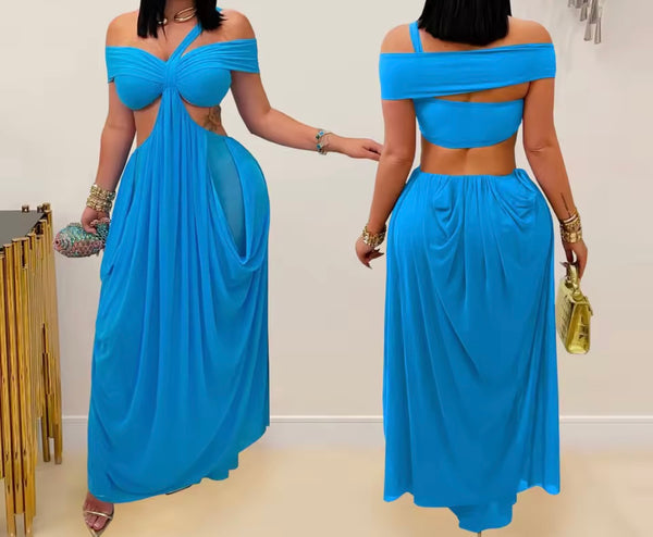 Women Sexy Off The Shoulder Cut Out Draped Maxi Dress