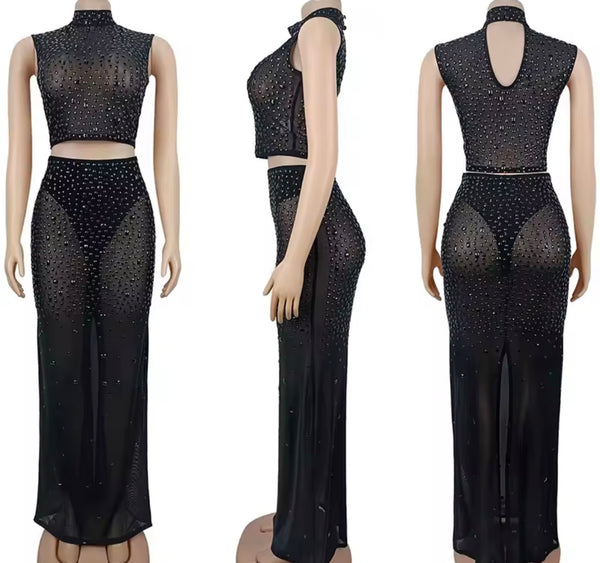 Women Sexy Color Sleeveless Crystal Mesh Two Piece Maxi Skirt Set