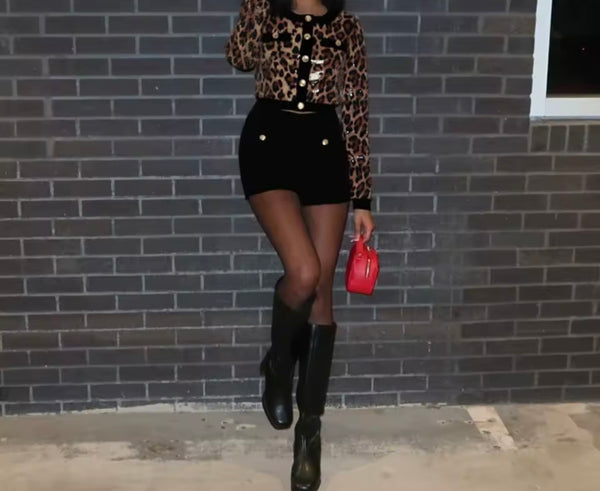 Women Sequins Leopard Print Button Up Two Piece Short Set