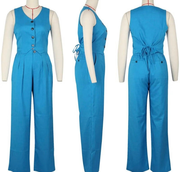 Women Fashion Button Up Two Piece Sleeveless Pant Set