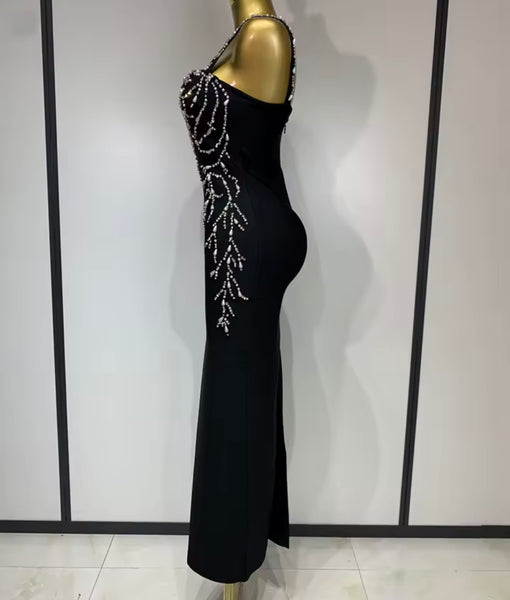 Women Sleeveless Black Beaded Rhinestone Patchwork Dress