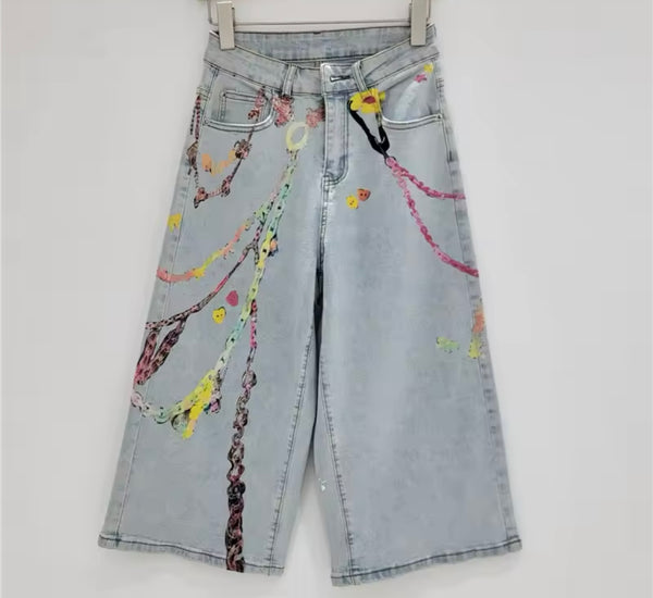 Women Fashion Printed Denim Capri Pants