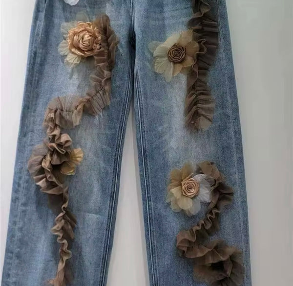 Women Fashion Floral Patchwork Denim Pants