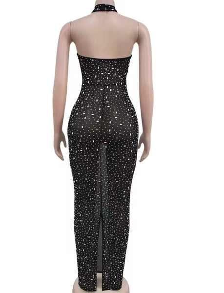 Women Sexy Halter Sleeveless Bling Mesh Maxi Dress