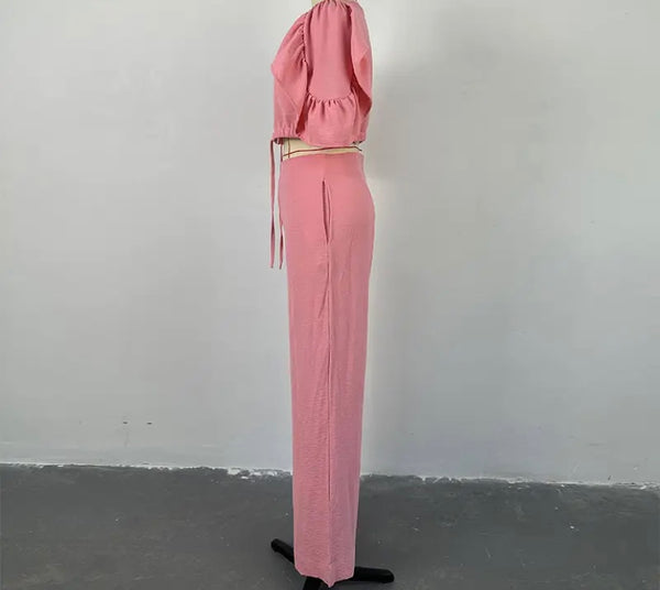 Women Pink Button Up Short Sleeve Fashion Two Piece Pant Set