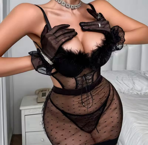 Women Sexy Black Polka Dot Feather Open Back Nightgown Lingerie Set