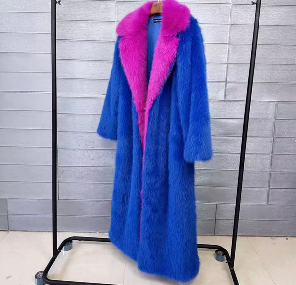 Women Color Patchwork Fashion Faux Fur Long Jacket