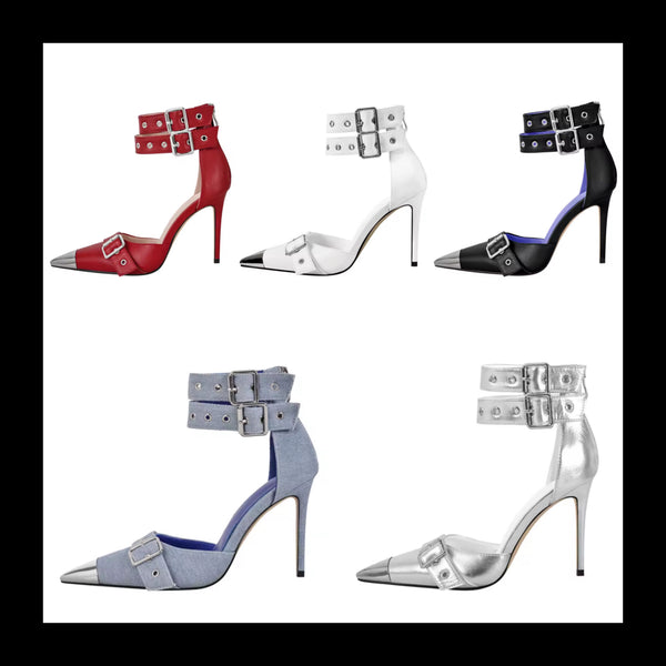 Women Fashion Metal Pointed Toe Buckled Ankle Strap High Heels