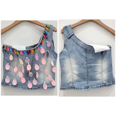 Women Fashion One Shoulder Color Crystal Denim Crop Top