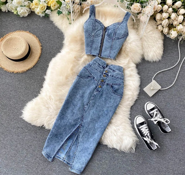 Women Sexy Fashion Zip Up Crop Two Piece Denim Maxi Skirt Set