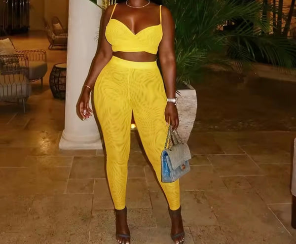 Women Yellow Sleeveless Sexy Mesh Two Piece Pant Set