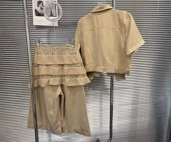 Women Khaki Button Up Short Sleeve Ruffled Lace Two Piece Short Set