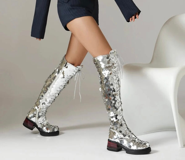 Women Fashion Silver Sequins Lace Up Knee High Boots