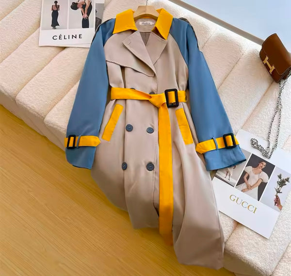 Women Fashion Color Patchwork Belted Trench Jacket