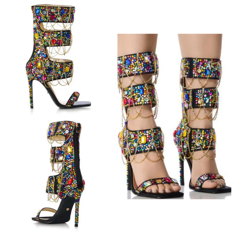 Women Fashion Chain Crystal High Heel Mid-Calf Sandals