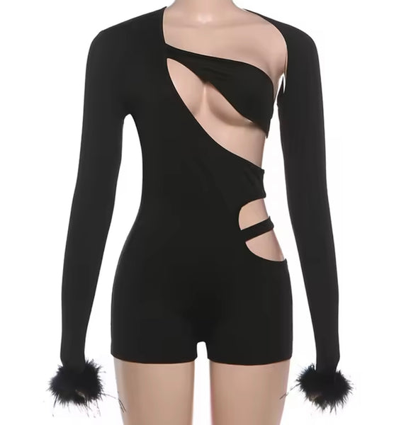 Women Sexy Cut Out Feather Full Sleeve Romper