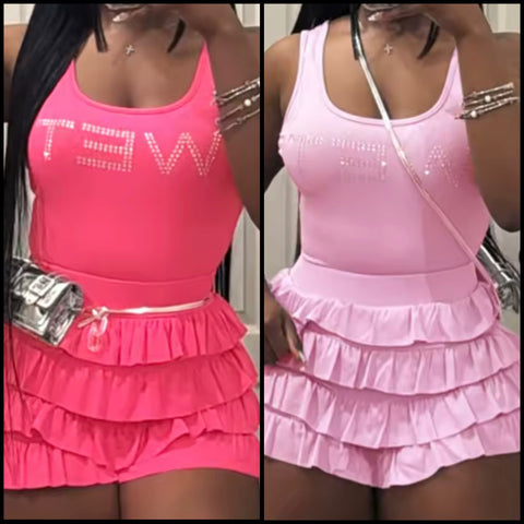 Women Sexy Sleeveless Bling Letter Print Ruffled Two Piece Short Set