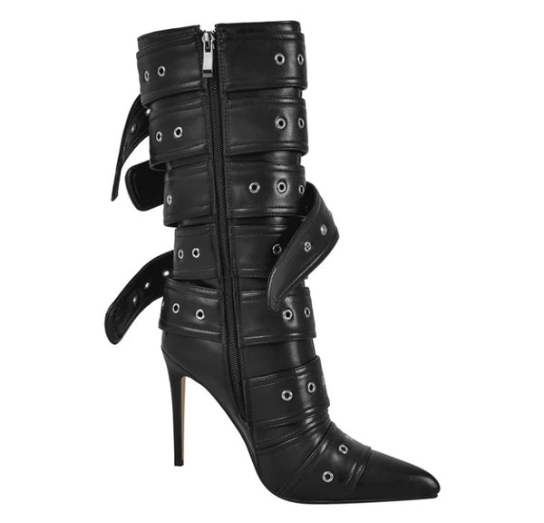 Women Fashion Pointed Toe Buckled Faux Leather Boots