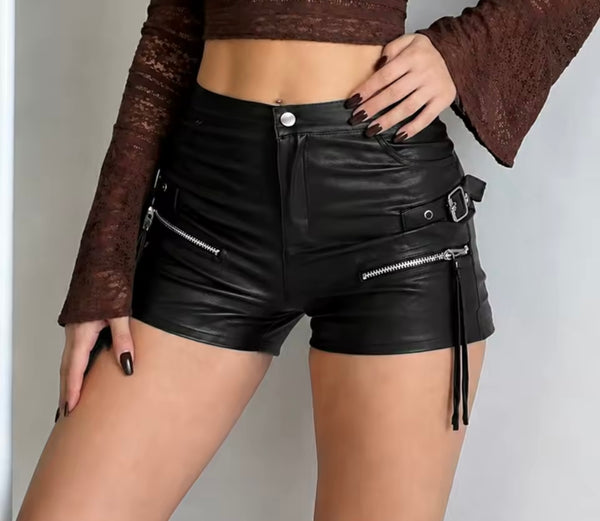 Women Fashion Black Zipper Tassel Faux Leather Shorts