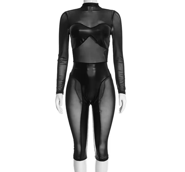 Women Sexy Fashion PU Mesh Patchwork Full Sleeve Capri Jumpsuit