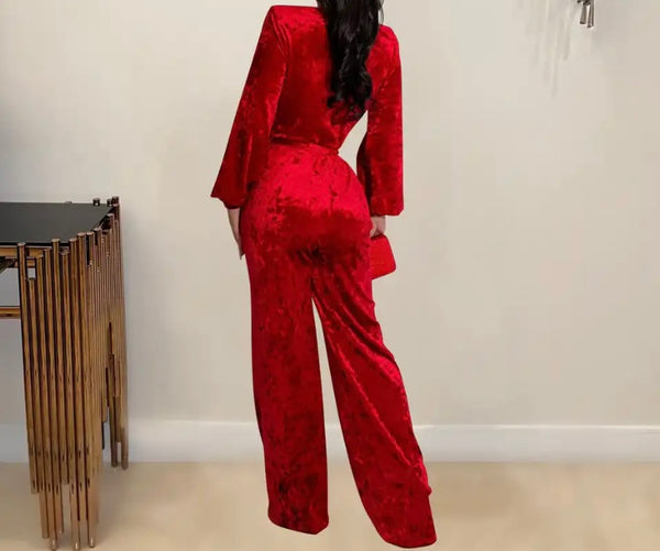 Women Sexy Deep V-Neck Full Sleeve Velour Tie Up Jumpsuit