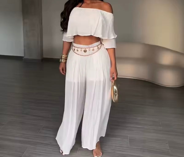 Women Fashion Off The Shoulder Ruffled Crop Two Piece Pant Set