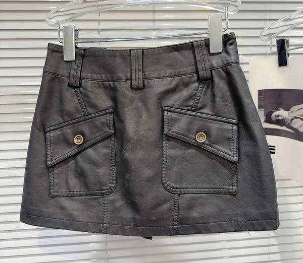 Women Faux Leather Fashion Zipper Cargo Short Skirt