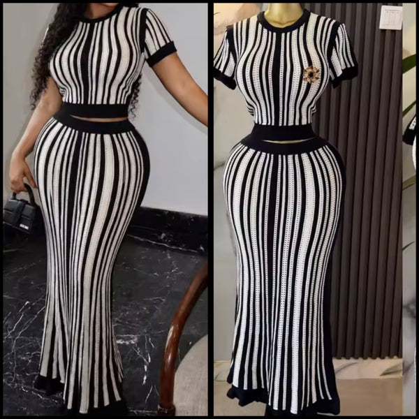 Women B&W Striped Short Sleeve Knitted Two Piece Maxi Skirt Set