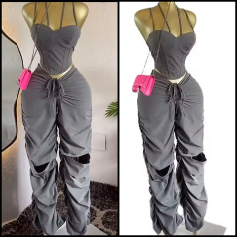 Women Gray Sleeveless Fashion Two Piece Ripped Ruched Pant Set