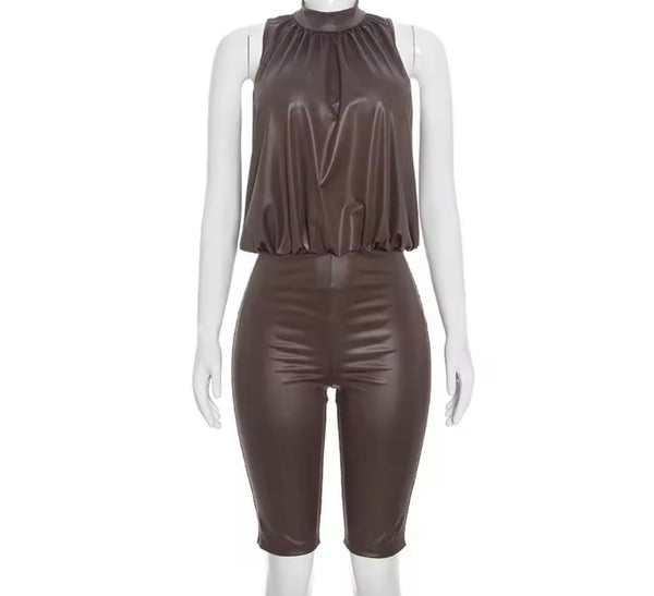 Women Fashion PU Sleeveless Romper