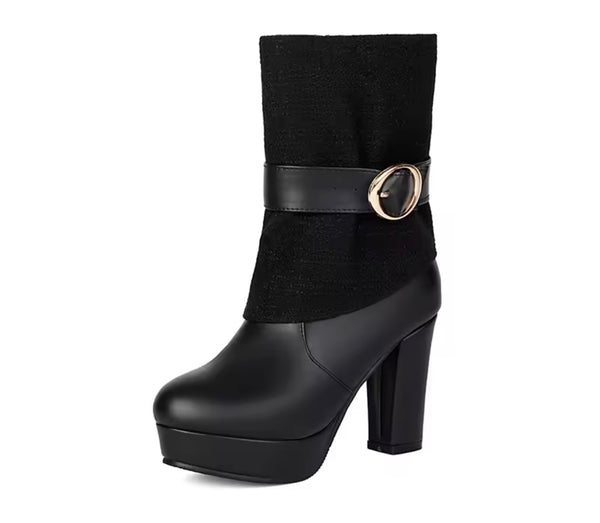 Women Color Round Toe Buckled Fashion High Heel Ankle Boots