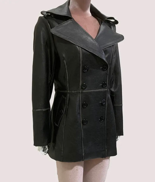 Women Black Fashion Faux Leather Trench Short Jacket