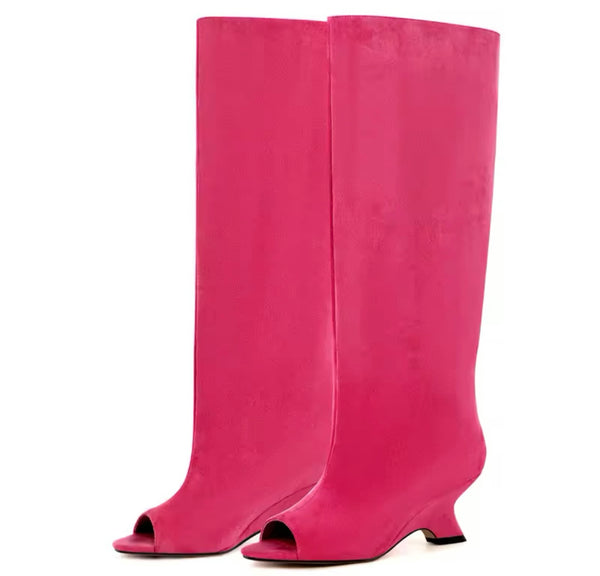 Women Color Open Toe Suede Knee High Boots