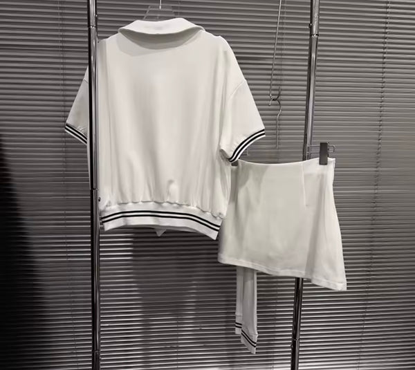 Women Collar Tie Striped Short Sleeve Two Piece Skirt Set