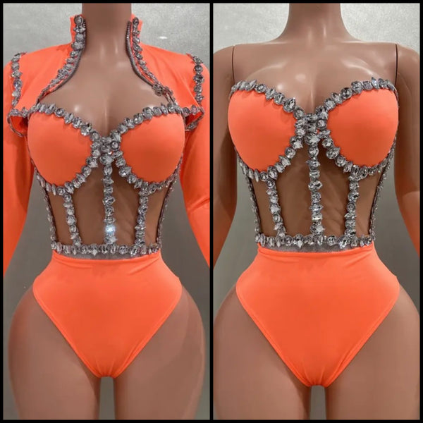 Women Sexy Orange Rhinestone Mesh Patchwork Jacket Bodysuit Top