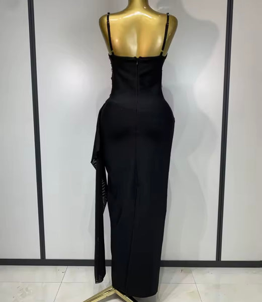 Women Sexy Black Sleeveless Beaded Tassel Maxi Dress