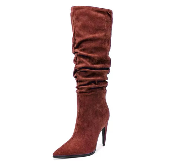 Women Fashion Ruched Suede Knee High Boots