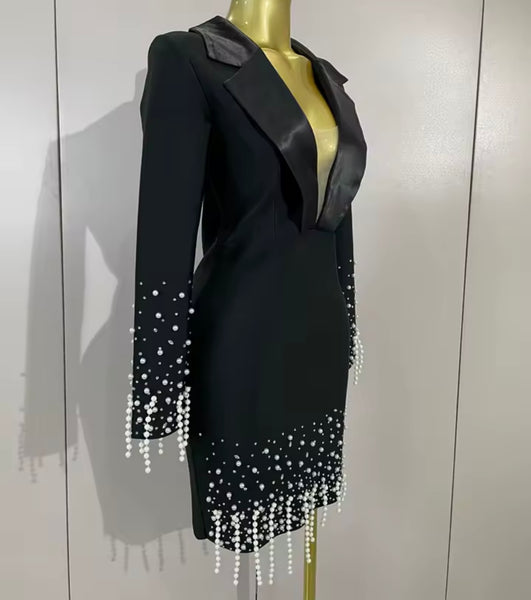 Women Black Pearl Embellishment Full Sleeve Blazer Dress