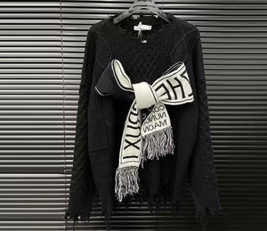 Women Fashion Letter Print Bow Full Sleeve Knitted Sweater Top