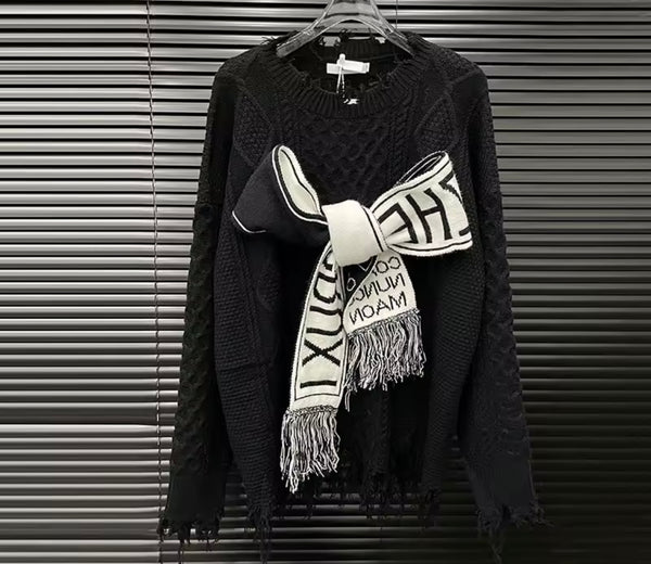 Women Fashion Letter Print Bow Full Sleeve Knitted Sweater Top