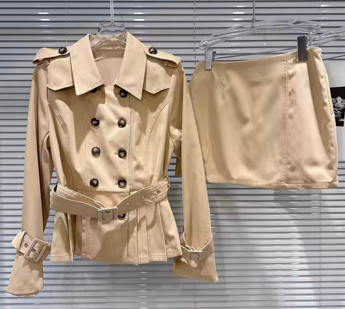 Women Fashion Khaki Button Up Full Sleeve Two Piece Skirt Set