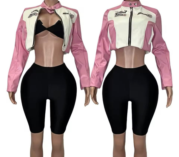 Women Sexy Zip Up Jacket Two Piece Fashion Short Set