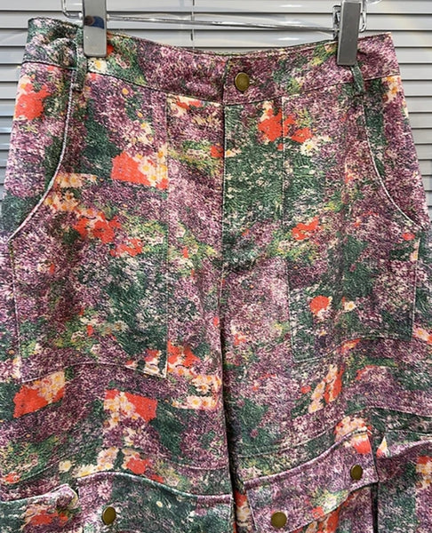 Women Purple Floral Fashion Button Up Vest Two Piece Denim Cargo Pant Set