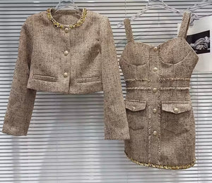Women Sexy Sequins Button Up Blazer Sleeveless Dress Set