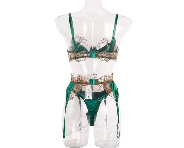 Women Green Satin Floral Sexy Lingerie Set