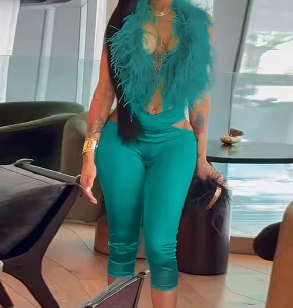 Women Sexy Feather Halter Sleeveless Two Piece Capri Pant Set