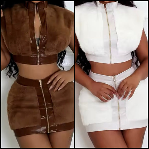 Women Sexy Sleeveless PU Faux Fur Two Piece Skirt Set