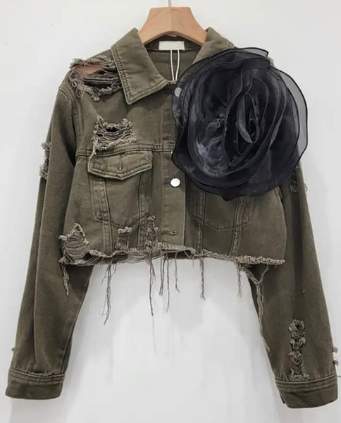 Women Fashion Ripped Floral Denim Jacket