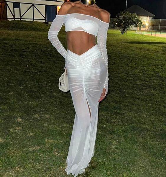 Women Sexy Mesh Full Sleeve Two Piece Maxi Skirt Set