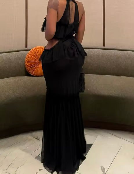 Women Sexy Halter Sleeveless Black Ruffled Mesh Maxi Dress